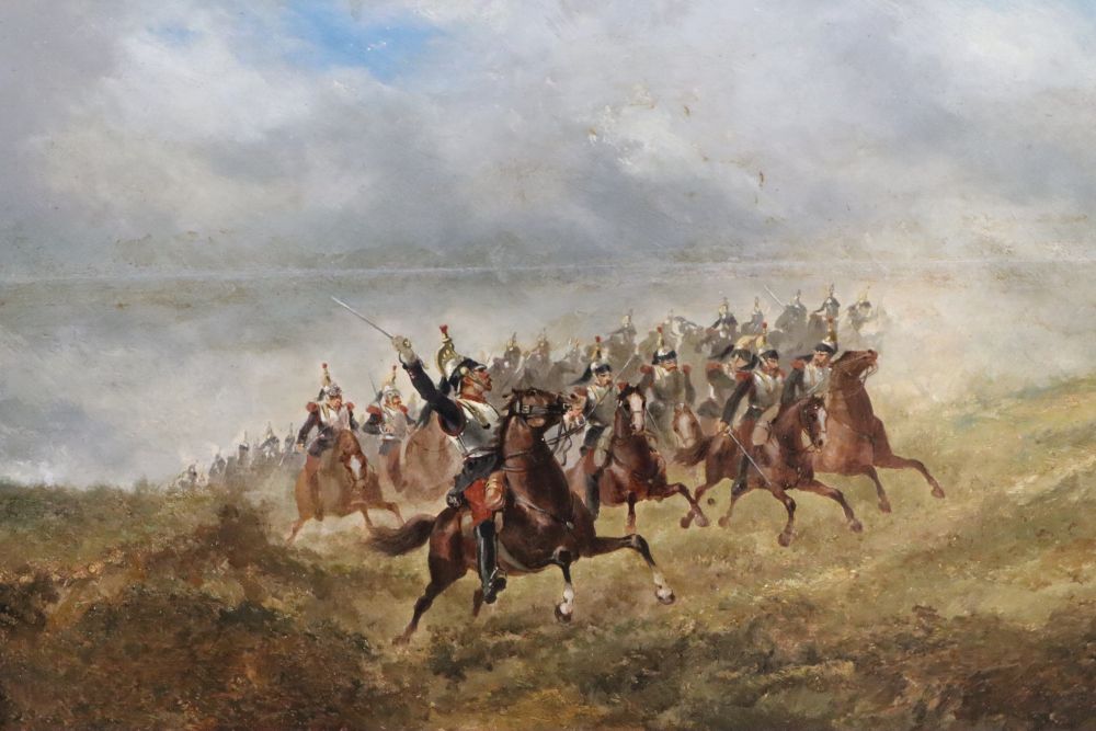 19th century French School, oil on panel, Cavalry charge, 34 x 43cm
